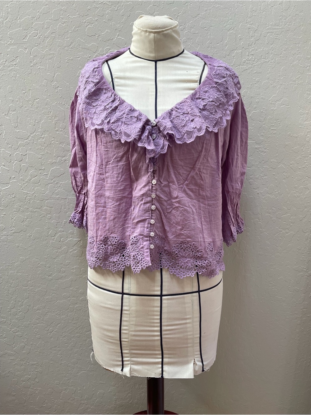 Anthropologie Lavender Lace-Trim Button Front Blouse